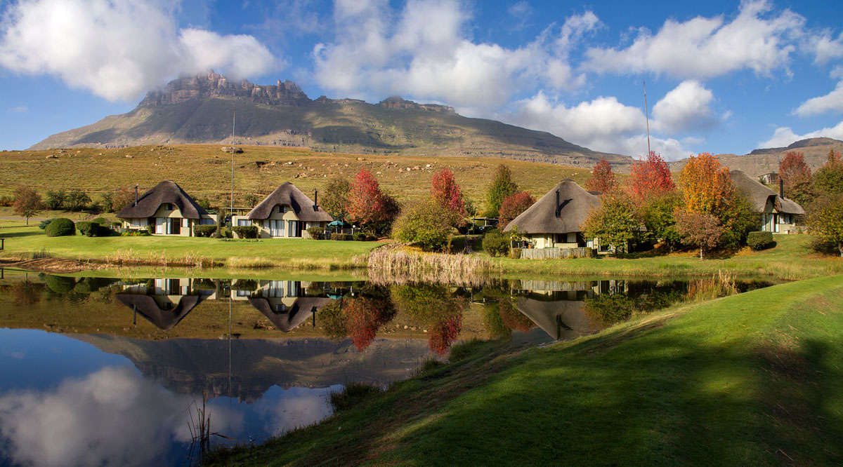 View of the Castleburn chalets across one of the smaller dams